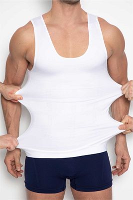 Premium Shapewear Beyaz Erkek Atlet Korse Atlet Bel Göğüs Göbek Jinekomasti Toparlayıcı Dik Duruş ürün fotoğrafı