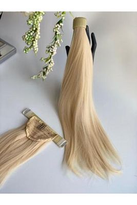Fiber Isıya Dayanıklı Platin Sarı At Kuyruğu Postiş Kaynak Takma Saç ürün fotoğrafı