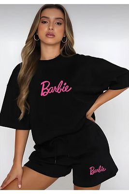 Kadın Siyah Barbie Baskı Şort Takım ürün fotoğrafı