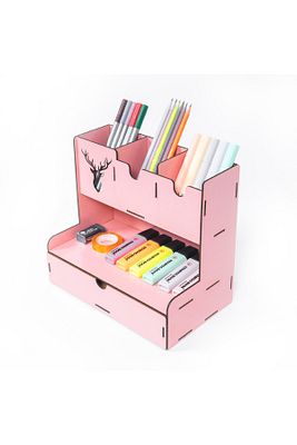 Çekmeceli Geyik Desenli Pembe Masaüstü Kalemlik Organizer Montajı Yapılmış Ürün ürün fotoğrafı