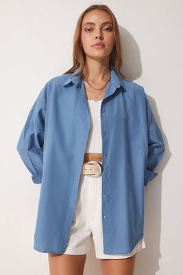 Kadın İndigo Mavi Oversize Uzun Basic Gömlek DD00842 ürün fotoğrafı