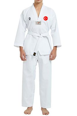 Fitilli Beyaz Yaka Baskılı Taekwondo Elbisesi Dobok ürün fotoğrafı