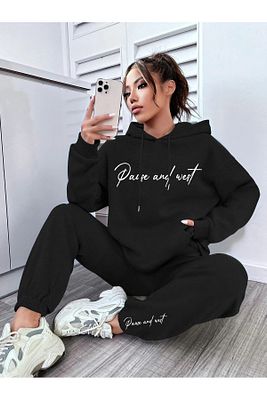 Pause Kapüşonlu Kombin Alt Üst Eşofman Takımı - Siyah Baskılı Oversize Lastik Paça ürün fotoğrafı