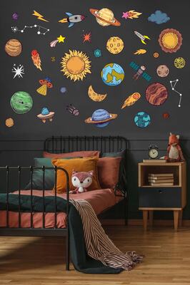 Uzay Temalı Gezegenler, Yıldızlar, Astroit Uzay Objeleri Dekoratif Duvar Sticker ürün fotoğrafı