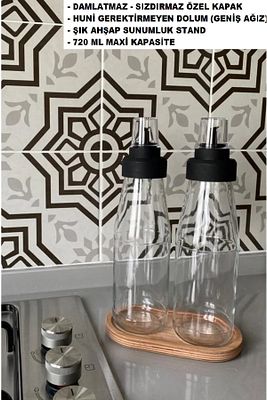 Büyük Boy Damlatmaz Akıllı Ahşap Standlı 3 Parça Cam Yağlık Seti - 720 ml ürün fotoğrafı