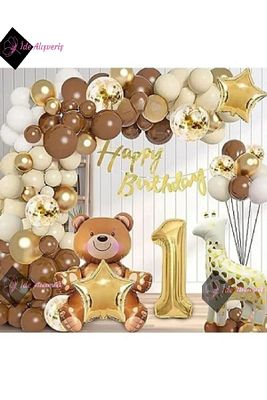 HAYVAN TEMALI FOLYO BALONLU KAHVERENGİ 1 YAŞ DOĞUM GÜNÜ PARTİ SETİ BALON SETİ ürün fotoğrafı