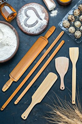 Ahşap Doğal El Yapımı Oklava Seti Spatula Merdane Kesici Çevirgeç Bisleğeç Şekillendirici 6 Lı ürün fotoğrafı