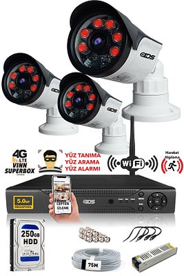 - 3 Kameralı 5mp Sony Lensli 1080p Fullhd Güvenlik Kamerası Sistemi - Cepten Izle - 250dış ürün fotoğrafı