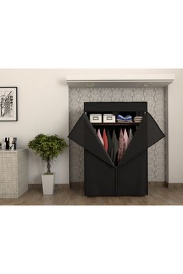Çelik Borulu Plastik Raflı Siyah Bez Dolap Gardırop ürün fotoğrafı