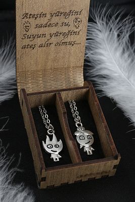Ateş Ve Su Gümüş Renk Çift Sevgili Best Metal Kolye Yazılı Hediye Kutulu ürün fotoğrafı