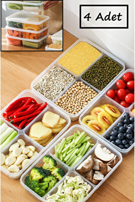 Large 4 Adet Dondurulmuş 4 Bölmeli Öğünlük Et Ve Sebze Saklama Kabı-Kuşbaşı Kıyma Organizeri ürün fotoğrafı