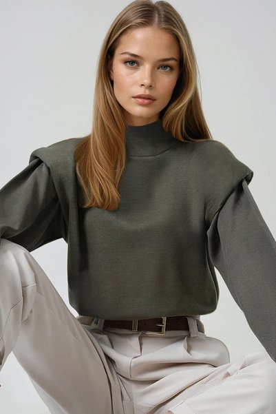 Khaki Half Turtleneck Padded Blouse Alc-X14665