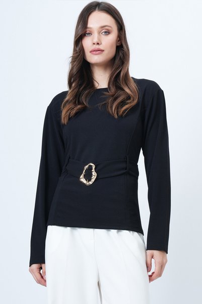Black Self-Belted Blouse with Gold Accessory Detail Alc-X14699