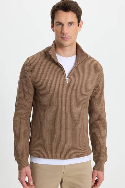 Men's Slim Fit slim fit zippered dark mink Mock Neck knitwear sweater