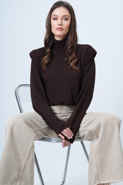 Bitter Brown Half Turtleneck Padded Blouse Alc-X14665