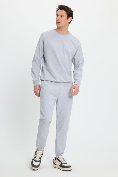 Men's Regular Fit Classic Cut Cotton 2 Thread Soft Textured Crew Neck Gray Tracksuit Set