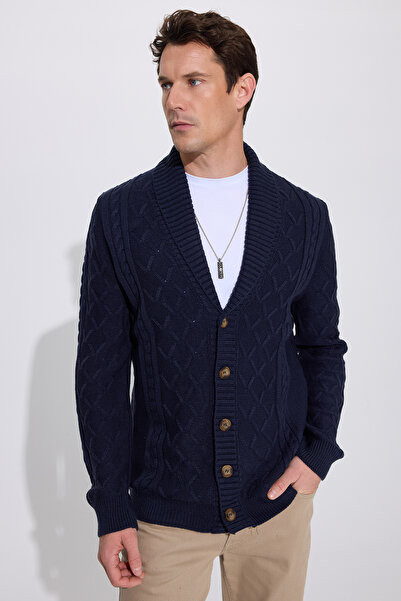 Slim fit тесен крој, дезениран, со мека текстура, со копчиња, темно син машки кардиган