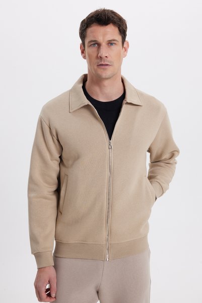 Unisex Relax Fit Comfortable Cut Cotton Inner Fleece Zippered Beige Polo Neck Flato Pocketed Sweatshirt Cardigan