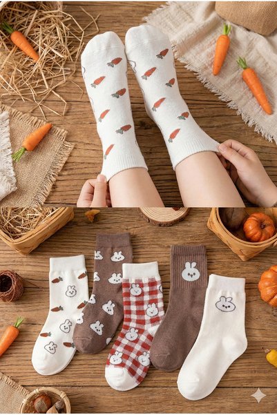 5 Pairs of Children & Adult Rabbit Patterned Socks