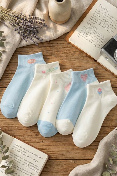 5 Pairs Blue - Cream Written Socks