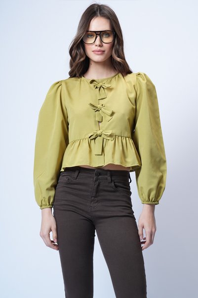 Oil Green Crew Neck Bow Tie Princess Sleeve Poplin Blouse Alc-X13375
