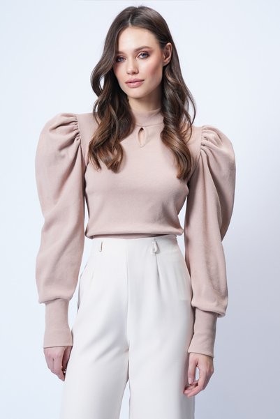 Women's Beige Crew Neck Drop-Cut Princess Sleeve Knitwear Blouse Alc-X13069