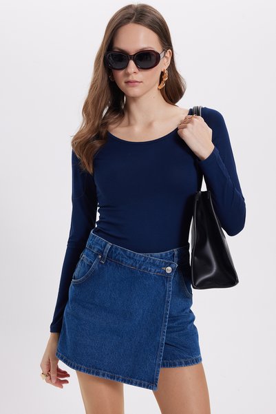 Women's Slim Fit Slim Fit Long Sleeve Viscose Navy Blue Blouse