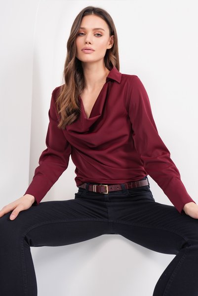 Burgundy Degaje Collar Cuff Sleeve Woven Blouse Alc-X14777