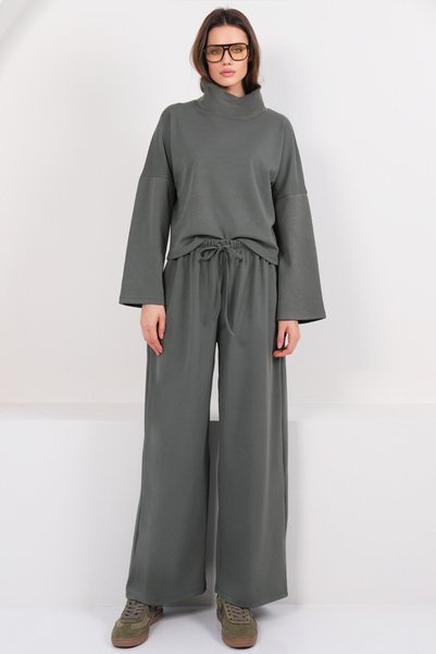Khaki Turtleneck Oversize Blouse and Double Pocket Palazzo Trousers Set Alc-X14836