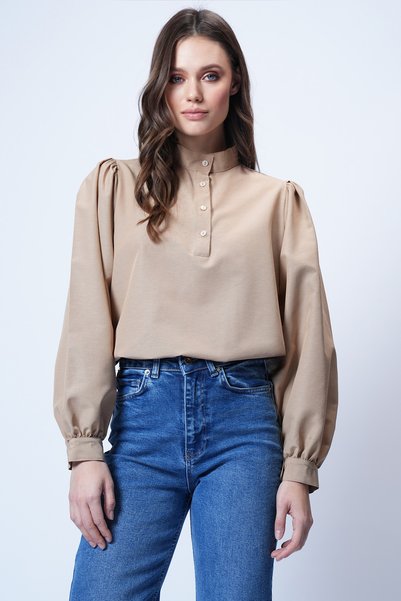 Mink Hakim Collar Half Placket Balloon Sleeve Poplin Shirt Blouse Alc-X14059