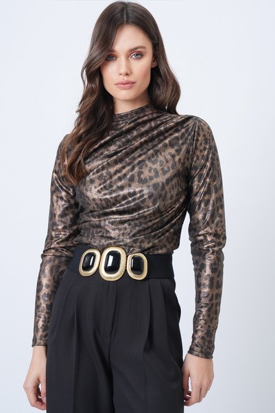 Women's Leopard Mock Neck Omzu Draped Silver Glitter Blouse Alc-X11257