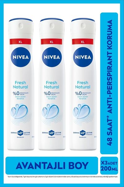 Женски спреј дезодоранс Fresh Natural 200 ml, 48-часовна заштита од мирис на пот, поволна големина, x3 парчиња
