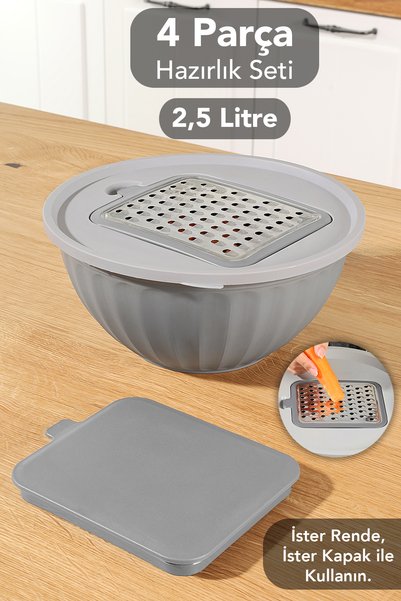 4 Piece Grater Storage Container - 2.5 Lt Multi-Purpose Whisk Mixing Bowl with Lid Gray