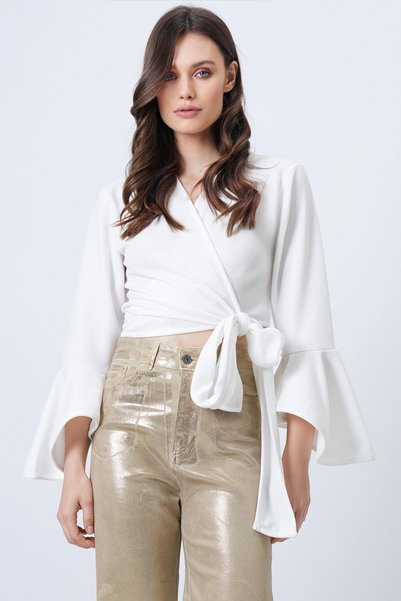 Women's White Double-Breasted Tie Detail Flared Sleeve Crop Blouse Alc-X14718
