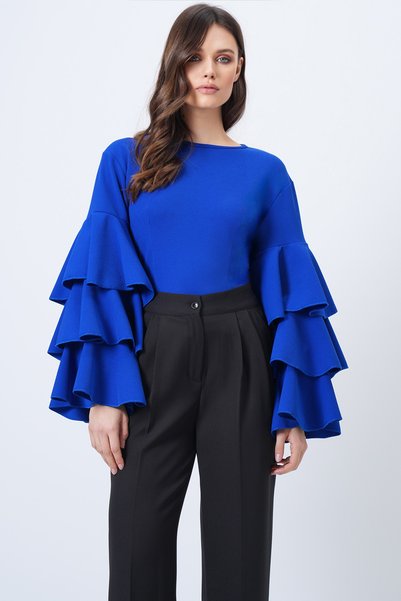 Women's Cobalt Crew Neck Flounce Sleeves Crepe Blouse Alc-X14714