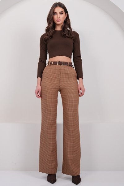 Women's Tan Plaid Patterned Double Pocket Trousers Alc-X14929