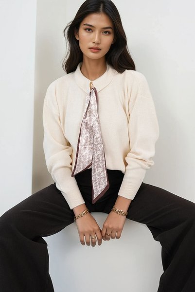 Ecru Shirt Collar Flared Detailed Knitwear Sweater Alc-X14854