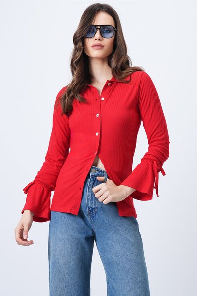 Red Shirt Collar Buttoned Sleeve Ruched Knitted Blouse Alc-X14728