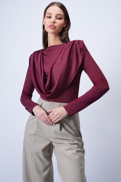 Burgundy Crew Neck Knitted Blouse with Draped Shoulders and Fixed Shawl Detail Alc-X15063