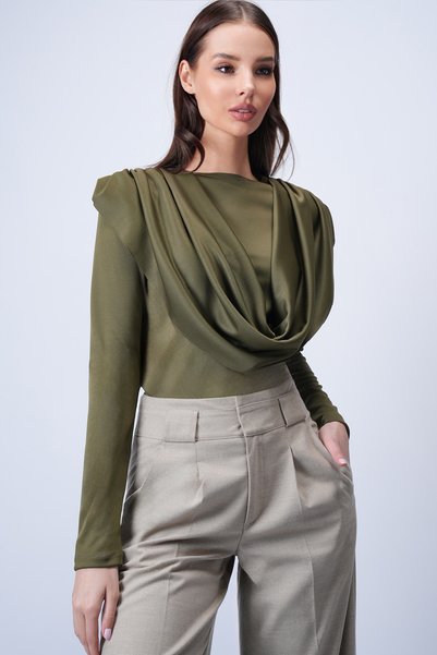 Khaki Crew Neck Knitted Blouse with Draped Shoulders and Fixed Shawl Detail Alc-X15063