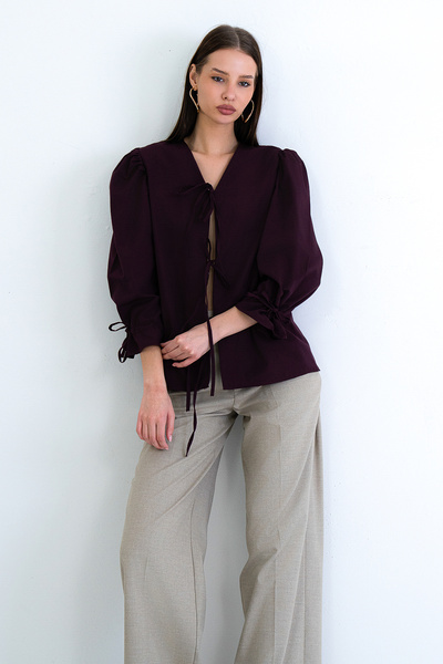 Plum V-Neck Poplin Blouse with Tie Detail on Front and Sleeves Alc-X15169