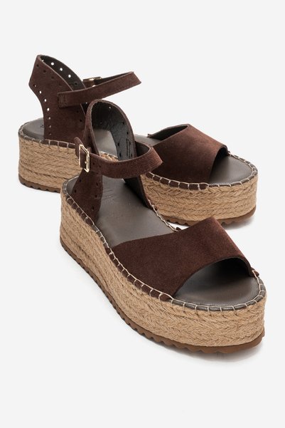 Serez Brown Suede Genuine Leather Women's Straw Wedge Sandals