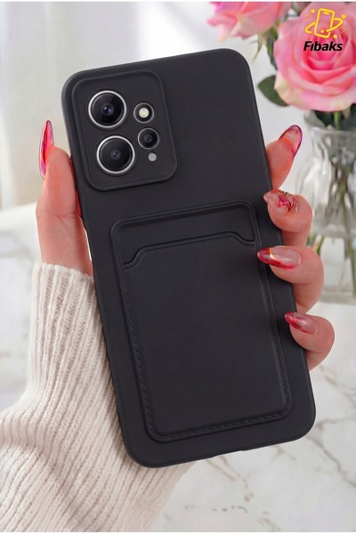 Redmi Note 12 Case Camera Protected Card Holder Wallet Red Key Black Silicone Cover