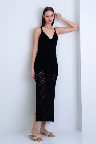 Black Rope Strap Lined Slit Knitwear Dress Alc-X15162