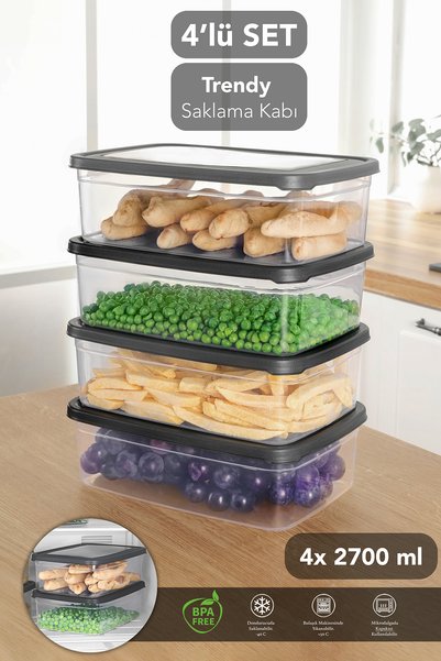 4 Pieces Rectangular Food Storage Container - Microwave Safe Organizer 2.7 Lt Gray