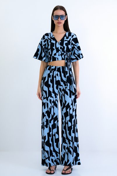Blue-Navy Blue Double-Breasted Collar Cropped Blouse and Trousers Set Alc-X15210