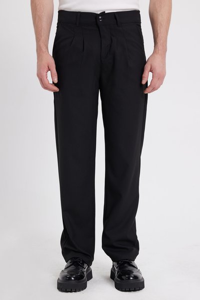 Men's Regular Fit Classic Cut Regular Waist Wide Leg Black Trousers