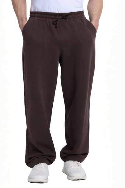 Men's Brown Cotton Baggy Fit Comfortable Cut Knitted Sweatpants with Lace-Up Waist and Side Pockets