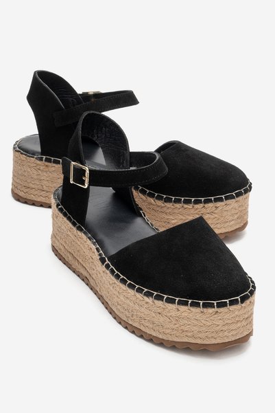 VİBA Black Suede Genuine Leather Women's Straw Wedge Sole Sandals