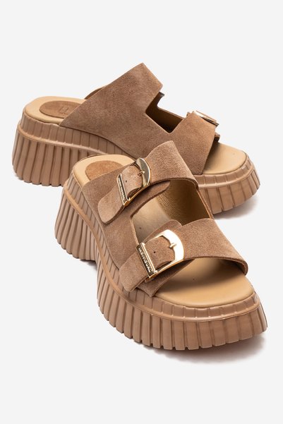 Joanes Soil Suede Genuine Leather Double Banded Women's Wedge Sole Slippers